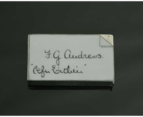 A Victorian silver and enamel calling card vesta case, of rectangular form, with applied enamel plaque of a calling card, 'F.