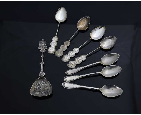 A group of twentieth-century silver spoons, to include a set of four Chinese export silver teaspoons, marked 'HK', 'SILVER', 