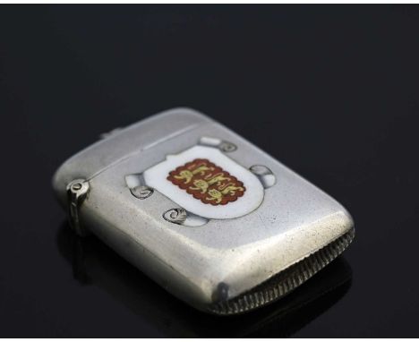 Oriel College, Oxford Interest.A late Victorian silver and enamel vesta case, of rounded rectangular form, applied in polychr