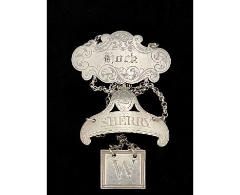 A group of three wine labels or bottle tickets, to include a George III Neoclassical 'SHERRY' example, James Sutton &amp; Jam