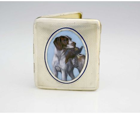 An early twentieth-century silver and enamel cigarette case, the exterior with an enamel vignette in polychrome, depicting a 