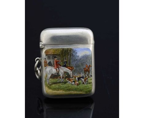 An Edwardian silver and enamel vesta case, of rounded rectangular form, with a hunting scene in polychrome enamel featuring h
