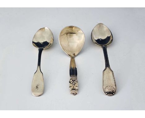 A George VI silver tea caddy spoon, in the Arts &amp; Crafts style, decorated with planishing, the finial with scrolls and be