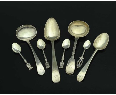 A group of hallmarked silver flatware, to include an eighteenth-century Scottish silver sauce ladle, Robert Wilson, Edinburgh