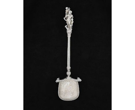 A nineteenth-century Continental silver-coloured metal serving or presentation spoon, with cast figural terminal depicting th