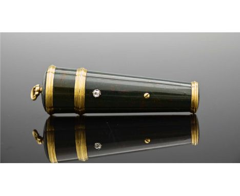 A late eighteenth or early nineteenth-century bloodstone etui, of tapering hexagonal form, mounted with gold-coloured metal, 