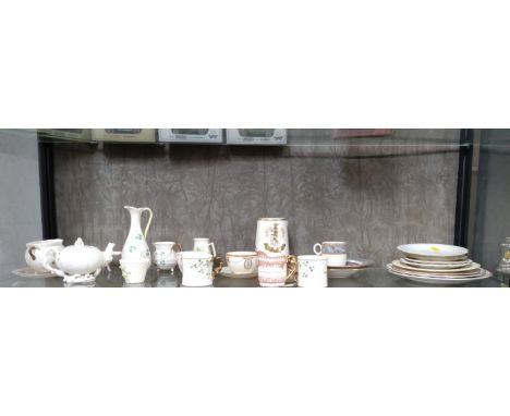 Belleek cups, jugs and teapot, plates and Lenox cup and saucer.