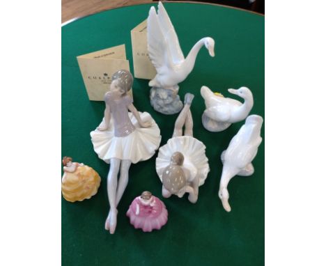 Two Coalport figures: Josephine and Alice, three Nao geese, a Lladro ballerina and a Nao ballerina. 