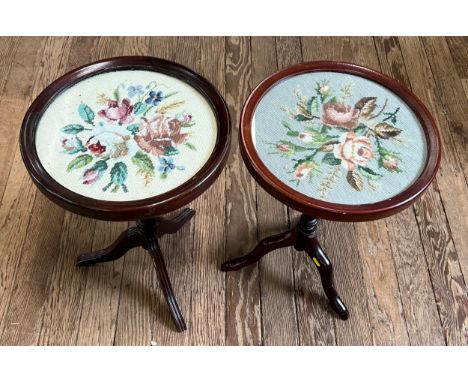 Two occasional tables, with Gross Point tapestry embroidery. Both tables approximately 52cm in height and 37cm diameter. 
