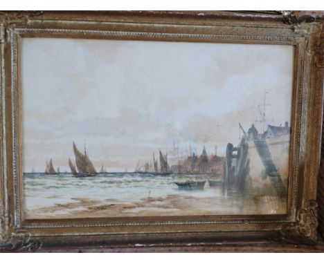 Thomas MORTIMER (act.1880-1920). watercolour, Signed lower right. Sailing ships near a harbour.&nbsp;For Thomas MORTIMER (act