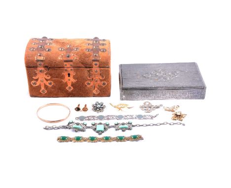 A collection of yellow metal, silver and costume jewellery, a yellow metal upper arm bangle, marked 9ct Gold with metal core;