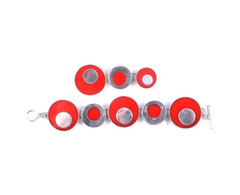 Teresa Gonzales Tego &amp; Co - A silver and red lucite bracelet and pendant suite, the bracelet with five circular links 30m