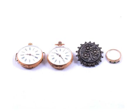 A yellow metal fob watch, another converted to a wristwatch, a ring and a silver brooch, a yellow metal fob watch, the white 