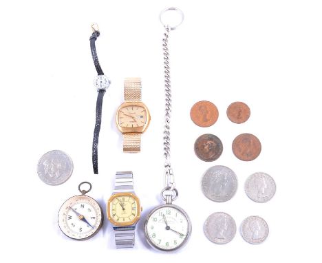 Wristwatch, compass, pocket watch, collection of British pre-decimal coins; commemorative Crowns; commemorative set of Canadi