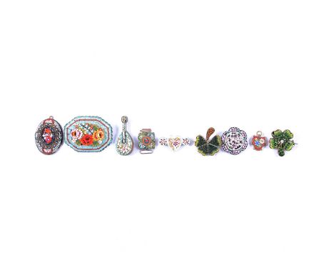 Nine pieces of micro mosaic jewellery, two green shamrock brooches, a mandolin brooch; small heart pendant; small heart brooc