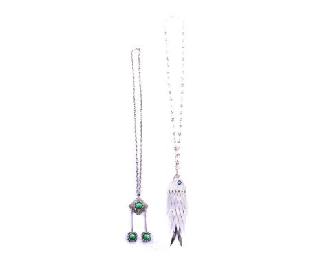 Two modernist pendants, one in the Scandinavian style , a white metal pendant and chain having a hammered finish plate with g