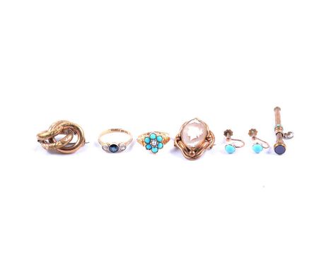 Two gemset rings, two brooches, fob, gemset necklace, turquoise earscrews and propelling pencil, a Victorian turquoise and se