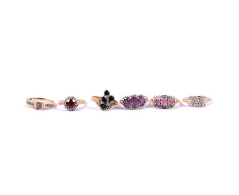 Six gemset rings, diamond, amethyst, sapphire and other gemstones, a diamond ring, four square cut diamonds collet set to the