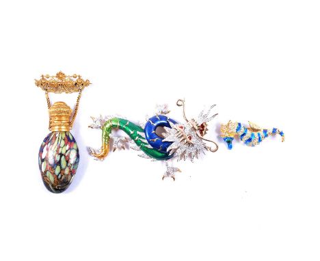 Butler &amp; Wison large Dragon brooch set with paste and decorated in enamels, 11cm, boxed; a Patti Boulaye 5cm Seahorse bro