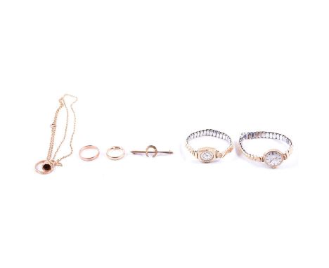 Two gold rings, bar brooch, pendant and chain, NOW THREE wristwatches, a 9 carat rose gold wedding band, 3.8mm wide half D sh