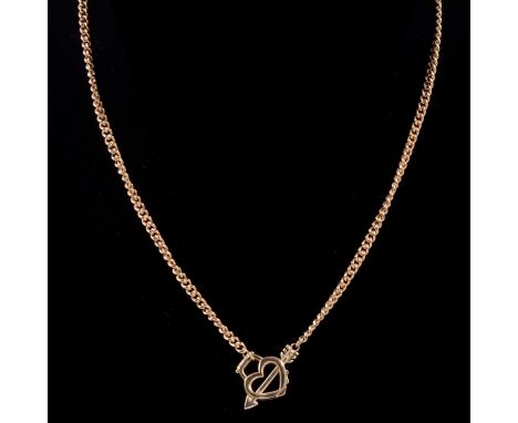 A modern 9 carat yellow gold heart and arrow necklace and bracelet set, 3.5mm gauge curb links chain with a hinged open heart