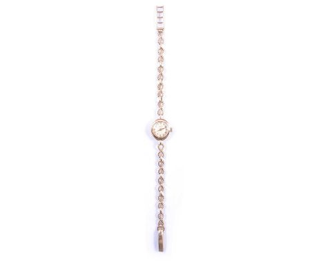 Tudor - a lady's 9 carat gold wristwatch with gold Rolex bracelet, 12mm circular champagne Arabic numeral dial in a 16x14mm o