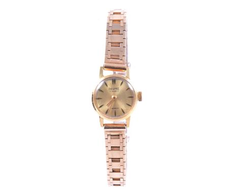 Precimax - a lady's yellow metal bracelet wristwatch, the 14mm circular champagne engraved baton dial in a 16mm circular yell