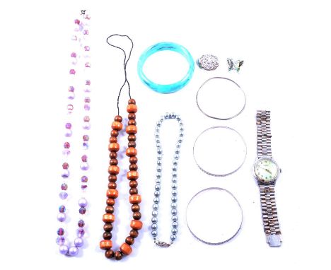Silver and costume jewellery pendants, bracelet, bangles, necklaces, brooches and wristwatches, an Elizabeth R Silver Pendant