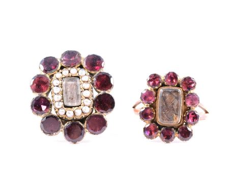 Two converted Georgian garnet rings, both rectangular clusters set with ten circular garnets, one having a rectangular hair l