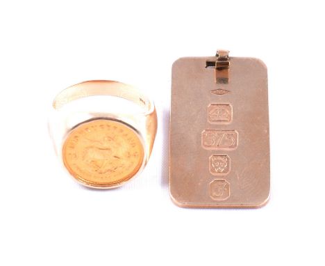 A Gold 1/10 Krugerrand Coin ring and a 9 carat gold ingot pendant, a Gold 1/10 Krugerrand Coin ring, 1904, collet set in a ye