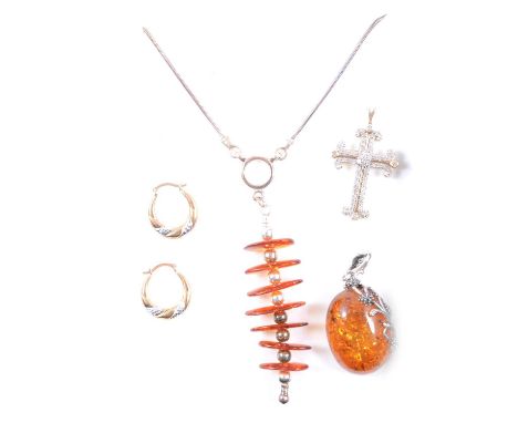 A collection of modern silver and white metal jewellery, some gemset, a diamond set gilt white metal cross pendant, marked 92
