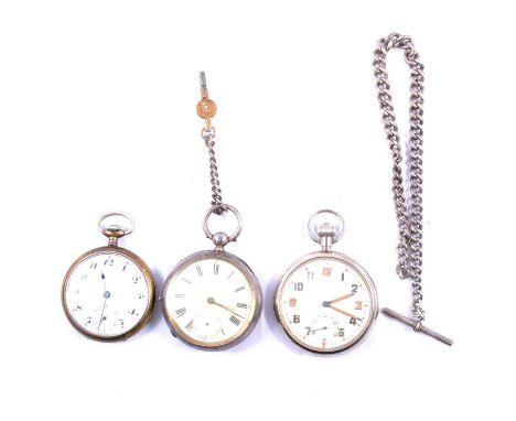 Three open face pocket watches and part of a silver Albert watch chain, an open face military pocket watch, the white enamel 