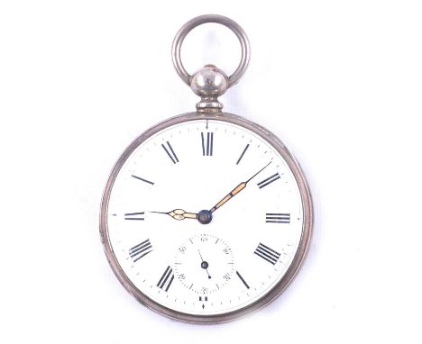 A white metal open face pocket watch, the white enamel dial roman numeral chapter ring and subsidiary seconds dial in a white