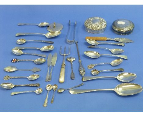 A quabtity of silver wares, including nineteen various silver spoons, three various silver covers, silver sugar tongs, three 