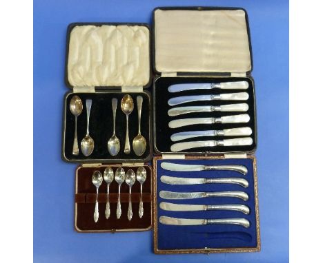 A cased part set of five silver Teaspoons, hallmarked Sheffield, 1941, and a cased part set of five silver coffee spoons, tog