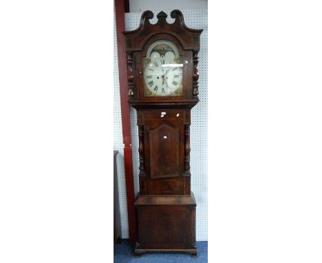 A 19thC inlaid mahogany Long Case Clock, with 8-day two-weight movement, the flame paneling flanked by turned side columns, t