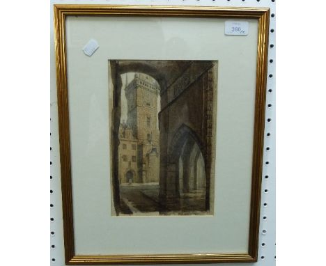 Arras Kath (20thC) Continental Church and Courtyard watercolour, signed and inscribed 1997 10in x 7in (25cm x 17.5cm), framed