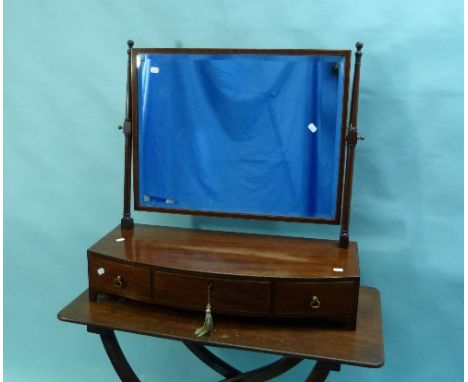 An Edwardian inlaid mahogany Dressing Table Mirror, on a three drawer base with turned side columns and brass handles and esc