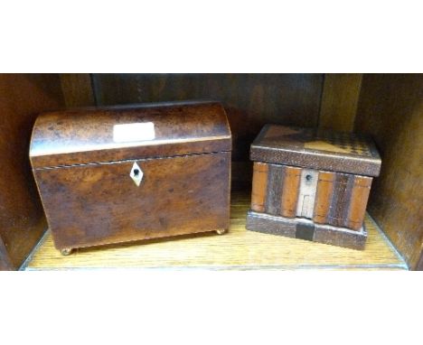A 19thC walnut Tea Caddy, raised on brass bun feet, together with a smaller Tunbridge-ware lockable box (2)