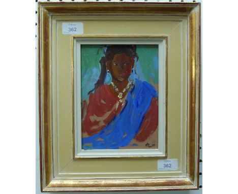 Jeffrey Pratt (British, b.1940) Portrait of girl on Kerala beach oil sketch on board, signed, inscribed verso 'This pretty gi