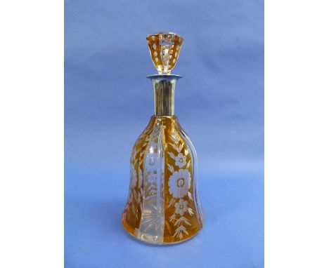 An early 20thC continental silver-mounted amber-flash cut-glass Decanter and Stopper, marked "835", the body with alternate a