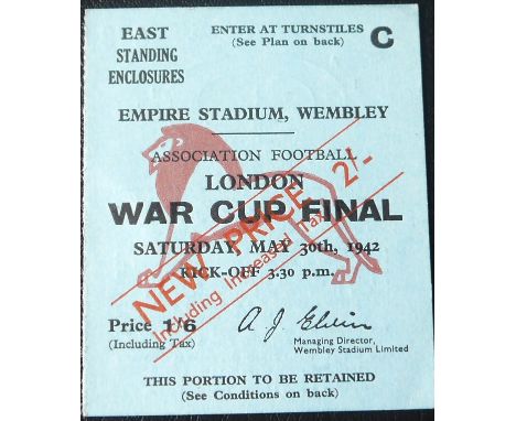 1942 WAR CUP FINAL BRENTFORD V PORTSMOUTH TICKET
May 30th 1942 played at Wembley in good condition&nbsp;