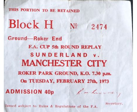 1972-73 SUNDERLAND V MANCHESTER CITY FA CUP REPLAY TICKET
Rare replay ticket 27th Febuary 1973 cup winning season&nbsp;
Folds