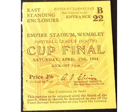 1944 FOOTBALL LEAGUE SOUTH CUP FINAL CHELSEA V CHARLTON TICKET
25th April 1944 played at Wembley in good condition&nbsp;
