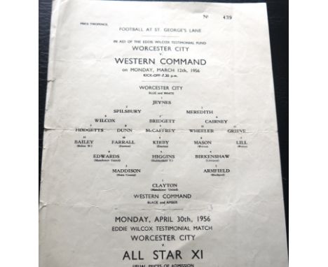 1956 WORCESTER CITY V WESTERN COMMAND INC'S MANCHESTER UNITED'S DUNCAN EDWARDS
Very rare and hard to find programme for the E