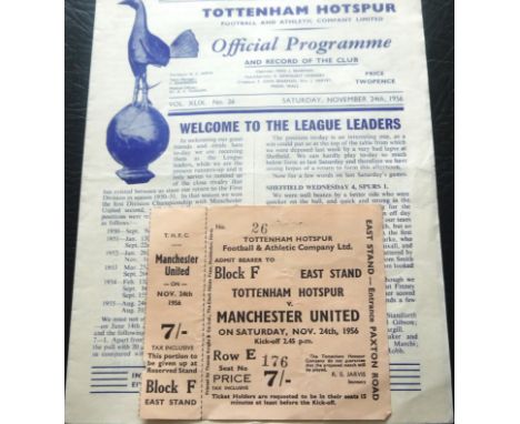 1956-57 TOTTENHAM HOTSPUR V MANCHESTER UNITED PROGRAMME &amp; UNUSED TICKET