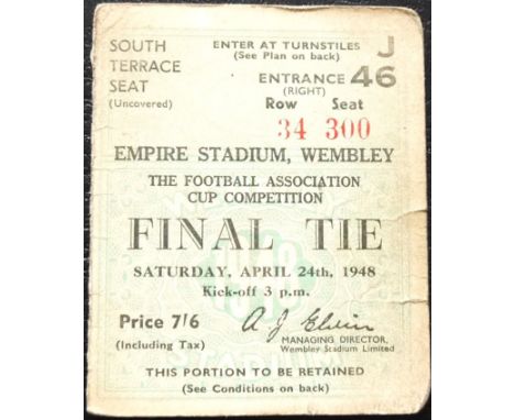 1948 FA CUP FINAL BLACKPOOL V MANCHESTER UNITED TICKET
Slight age related wear &amp; couple of small tears