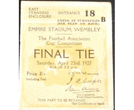 1927 FA CUP FINAL ARSENAL V CARDIFF TICKET
23rd April 1927 played at Wembley
Slight corner fold &amp; slight handling marks, 