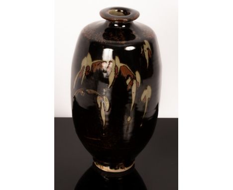 Jim Malone (born 1946), a stoneware vase, footed ovoid vessel with flared lip, tenmoku glaze, impressed potter's mark to base