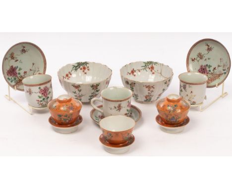 A pair of famille verte moulded floral bowls, Qing dynasty, Kangxi period, each painted with flowers, 8cm high x 14.5cm diame